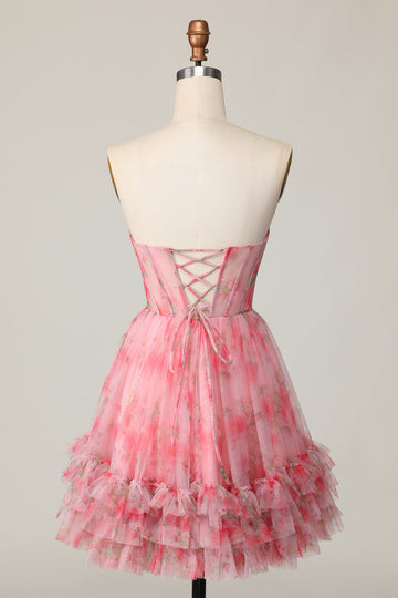 Floral Red Strapless Printed Ruffled A Line Short Prom Dress